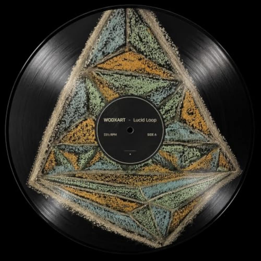 WODXART Lucid Loop picture-disc vinyl with sand-textured amber, teal and sage geometry